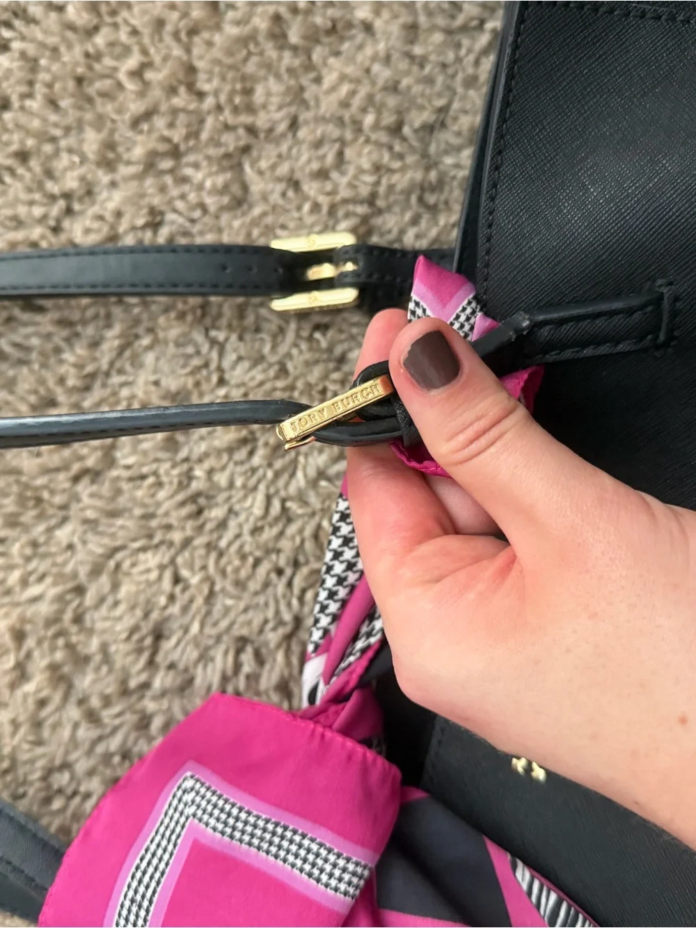 Tory Burch Black Leather Tote with Pink Scarf Accent
